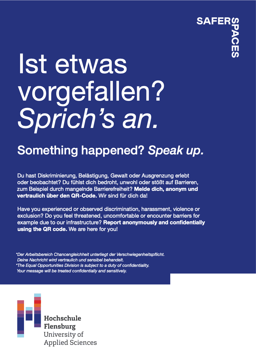 Plakat der Hochschule Flensburg „Ist etwas vorgefallen? Sprich's an.“ mit QR-Code zur anonymen Meldung.