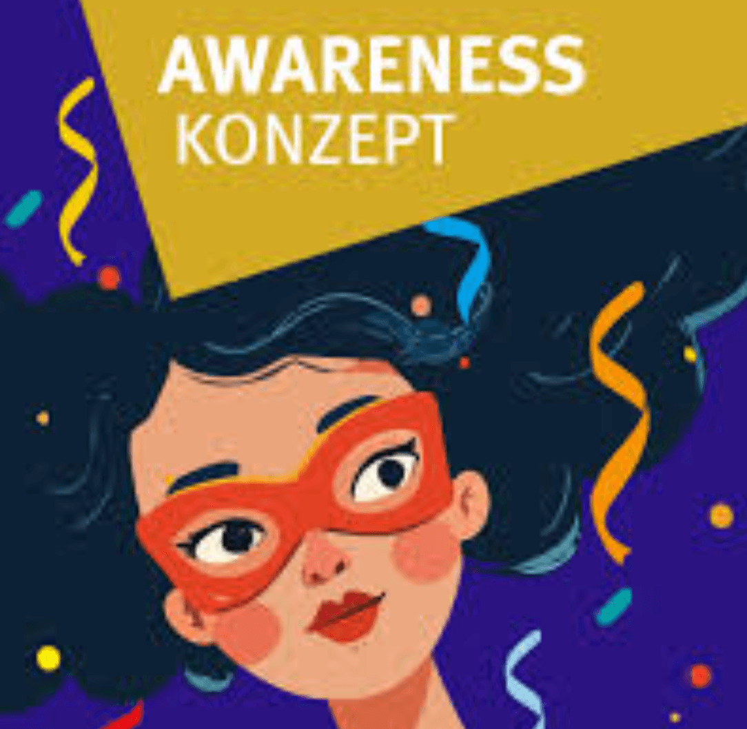 Awareness-Konzept-Grafik der Stadt Krefeld mit illustrierter Person mit Brille auf gelb-violettem Hintergrund.