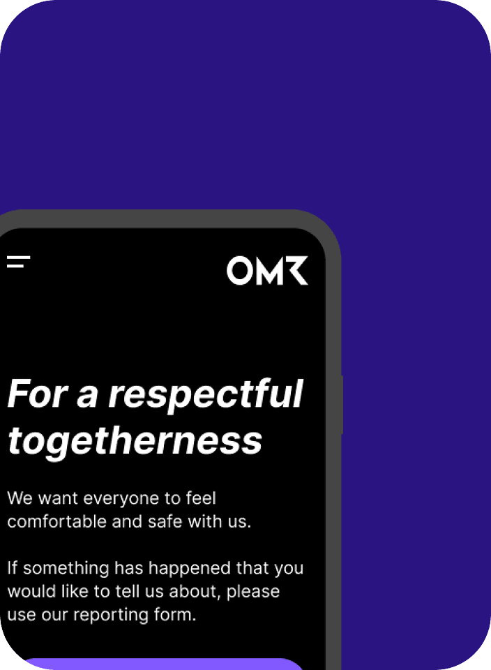 OMR-Logo und Name in weißem Schriftzug auf einem schwarzen Hintergrund. „For a respectful togetherness“ in großen Buchstaben.