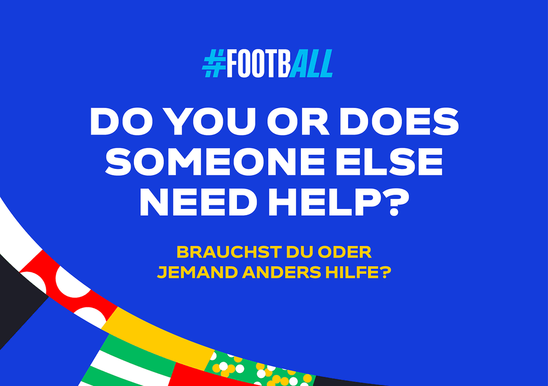 #FOOTBALL, Do you or does someone else need help? Brauchst du oder jemand anders Hilfe? Vor blauem Hintergrund mit bunten Streifen.