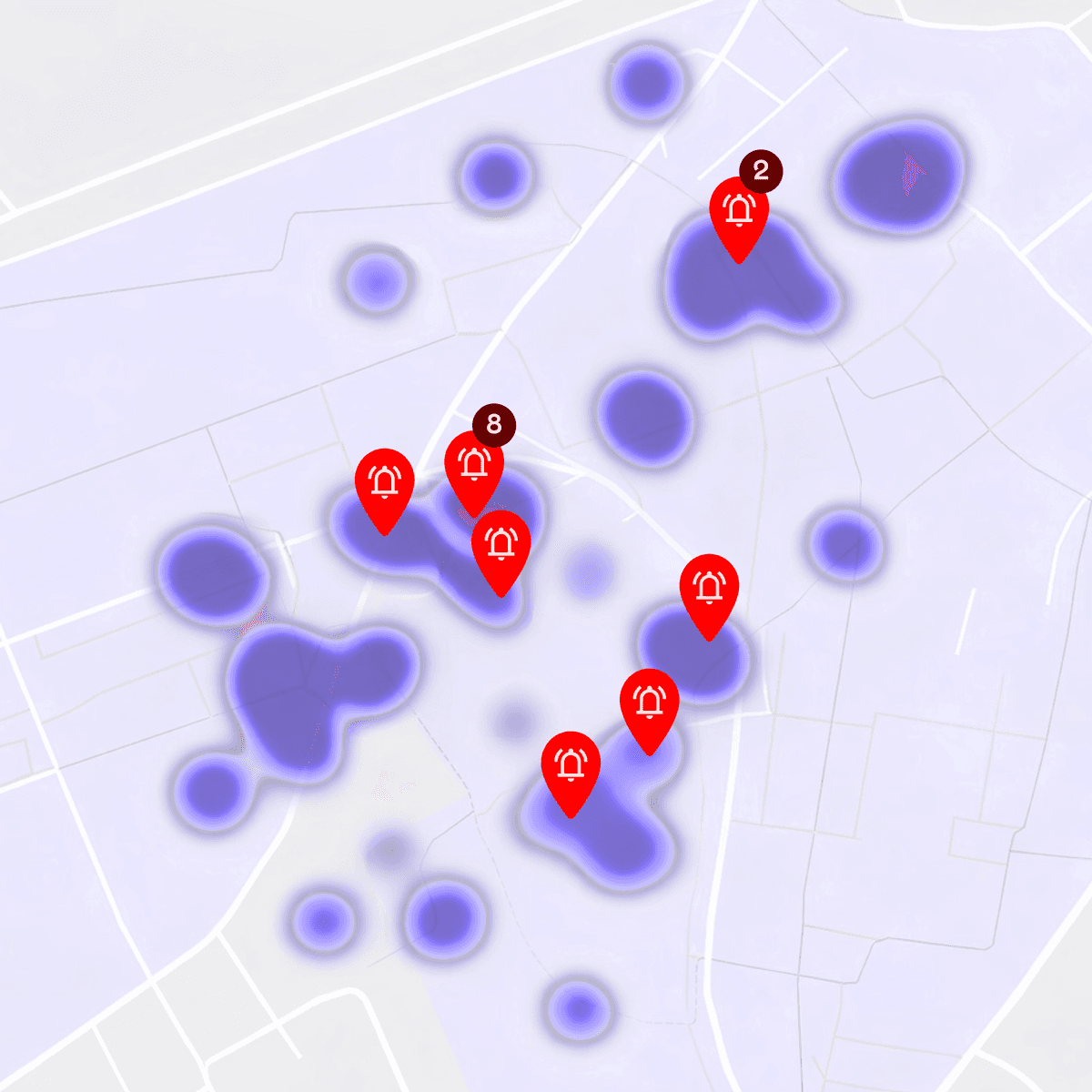 Heatmap mit Standort-Pins und farblichen Hotspot-Markierungen