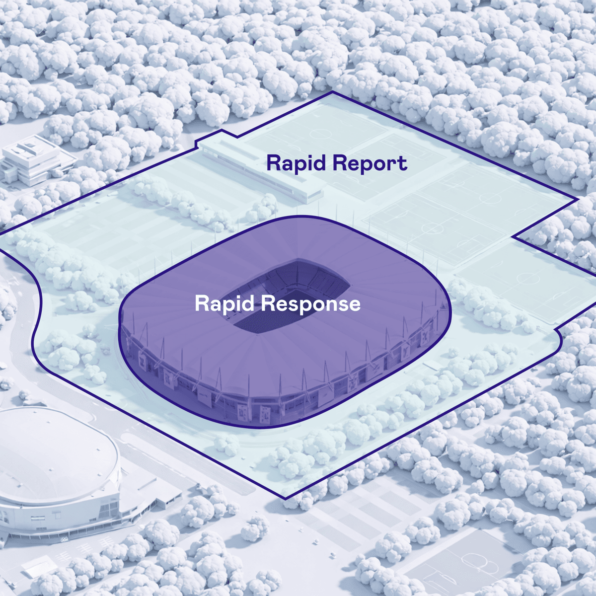3D-Luftbildillustration eines Stadiongeländes mit zwei konzentrischen Einsatzzonen. Die äußere Zone „Rapid Report' umfasst das gesamte Gelände, die innere Zone „Rapid Response' deckt das Stadion ab.