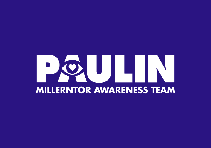 Logo des "Paulin Millerntor Awareness Team" auf einem einfarbigen violetten Hintergrund. Das Logo besteht aus dem Wort "PAULIN" in Großbuchstaben, wobei das "A" durch ein Symbol ersetzt ist, das einem Auge ähnelt, umgeben von einem Dreieck und einem Kreis. Unterhalb des Haupttextes befindet sich der Schriftzug "MILLERNTOR AWARENESS TEAM" in kleineren Buchstaben.