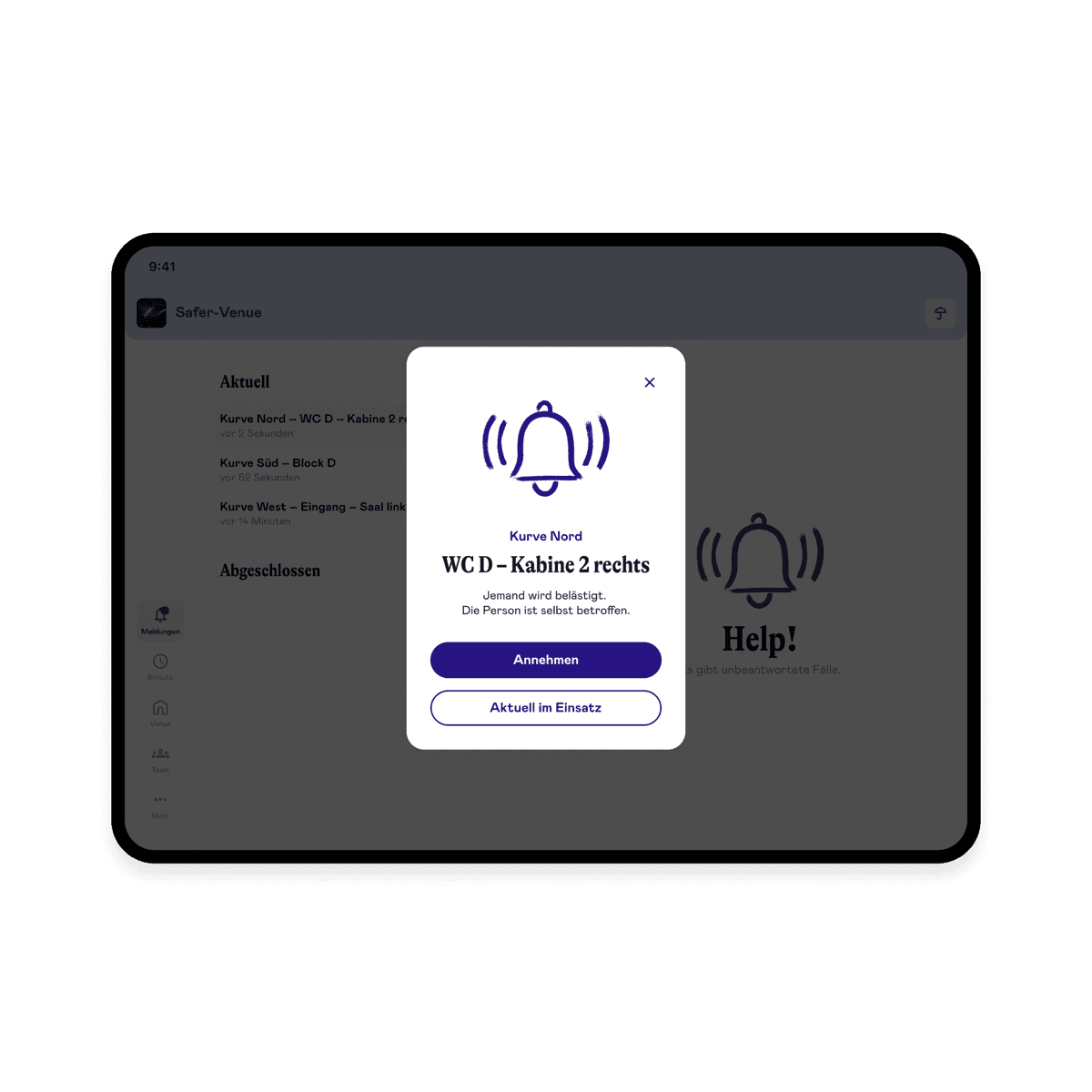 Saferspaces App auf Tablet und Smartphone mit aktiver Hilfe-Meldung