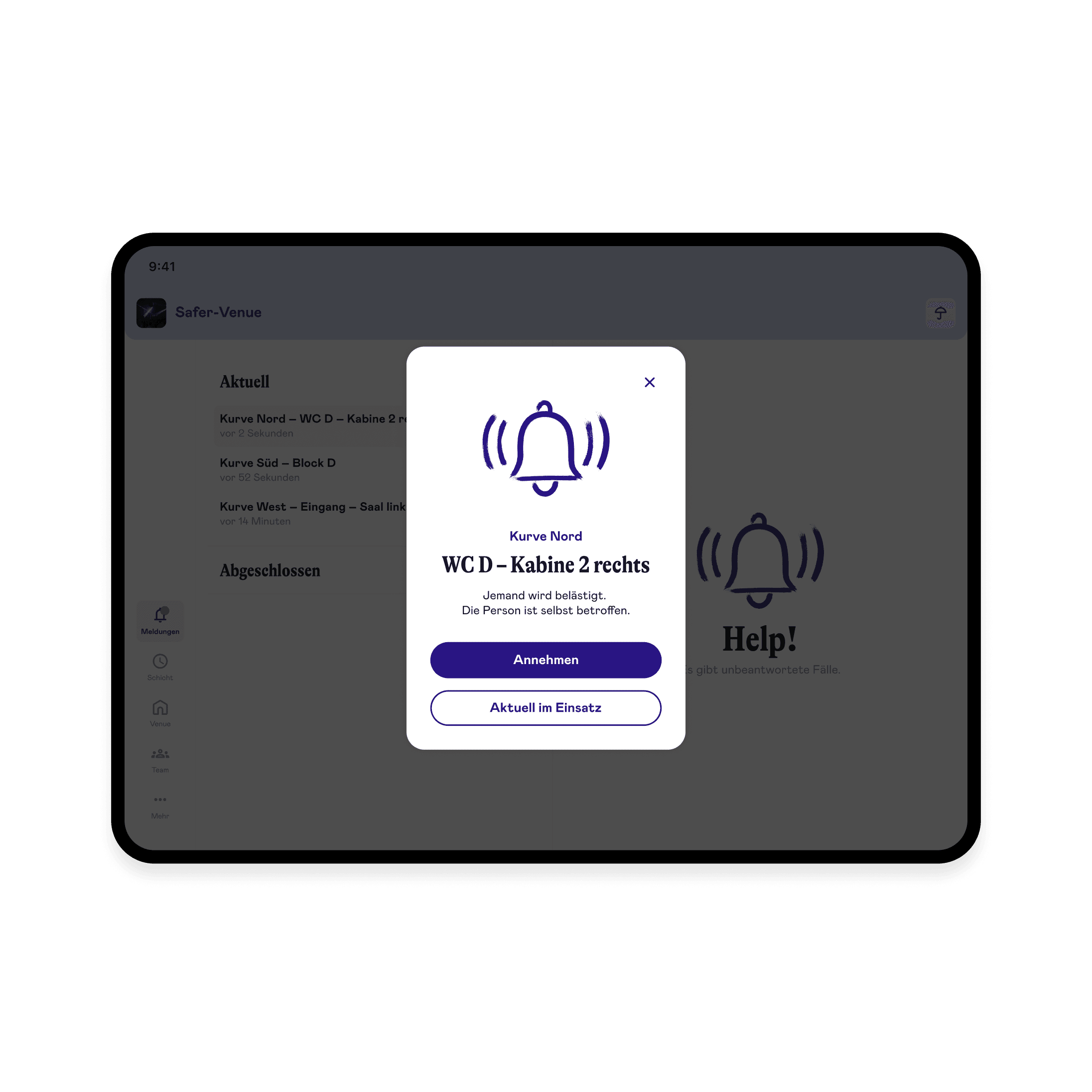 Rapid Response Dashboard mit eingehender Meldung und Alarmbenachrichtigung.